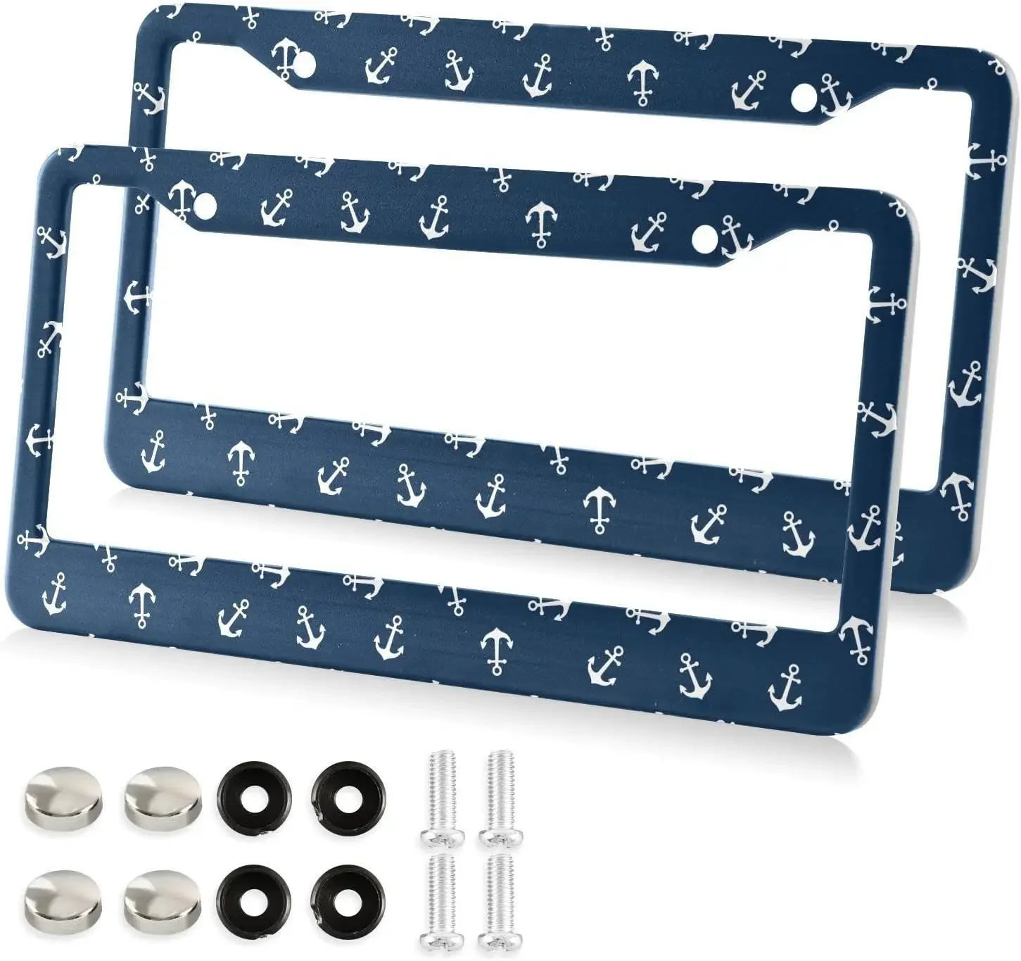 Sea Anchor Navy Blue Pattern Car License Plate Frame 2 Pack License Plate with 2 Holes Car Tag Frame for Women Men US Vehicles