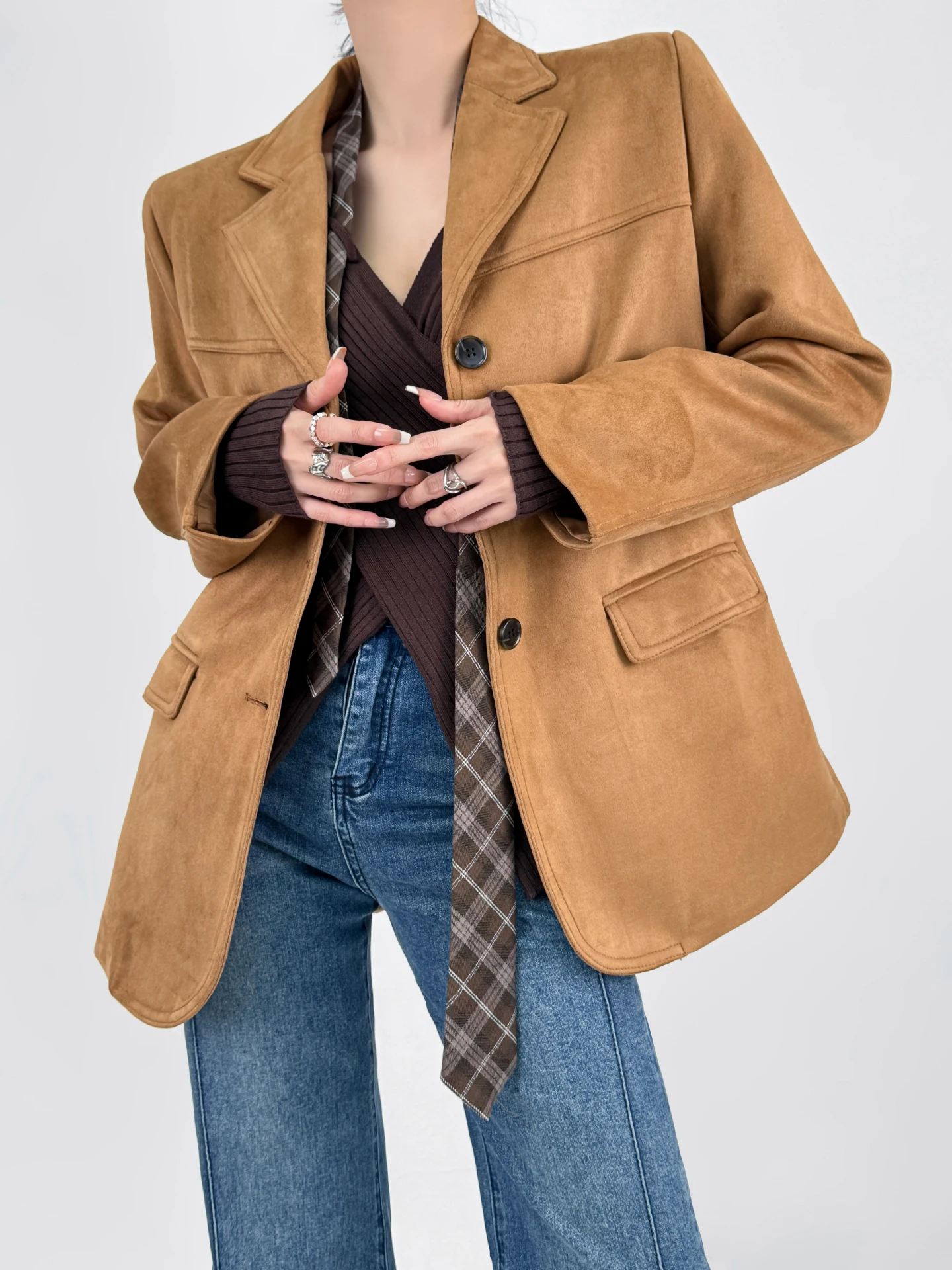 ダブル Z ヴィンテージ ブラウン スエード ジャエット レディース 秋冬 ルーズ カジュアル スモール ウエスタン スレ コート 暖かいフランネル生地 PU レザー