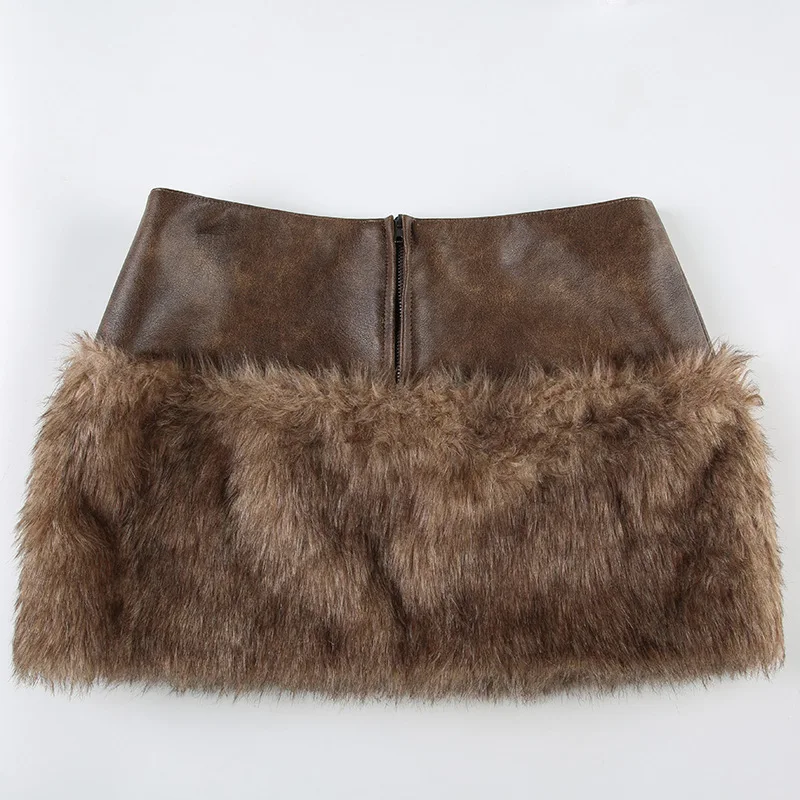 Vintage Patchwork PU Leather Furry Skirt  Fashion Slim Fit Mini Skirts Women Brown Tribal Style Fur Patchwork Skirt Nightclub