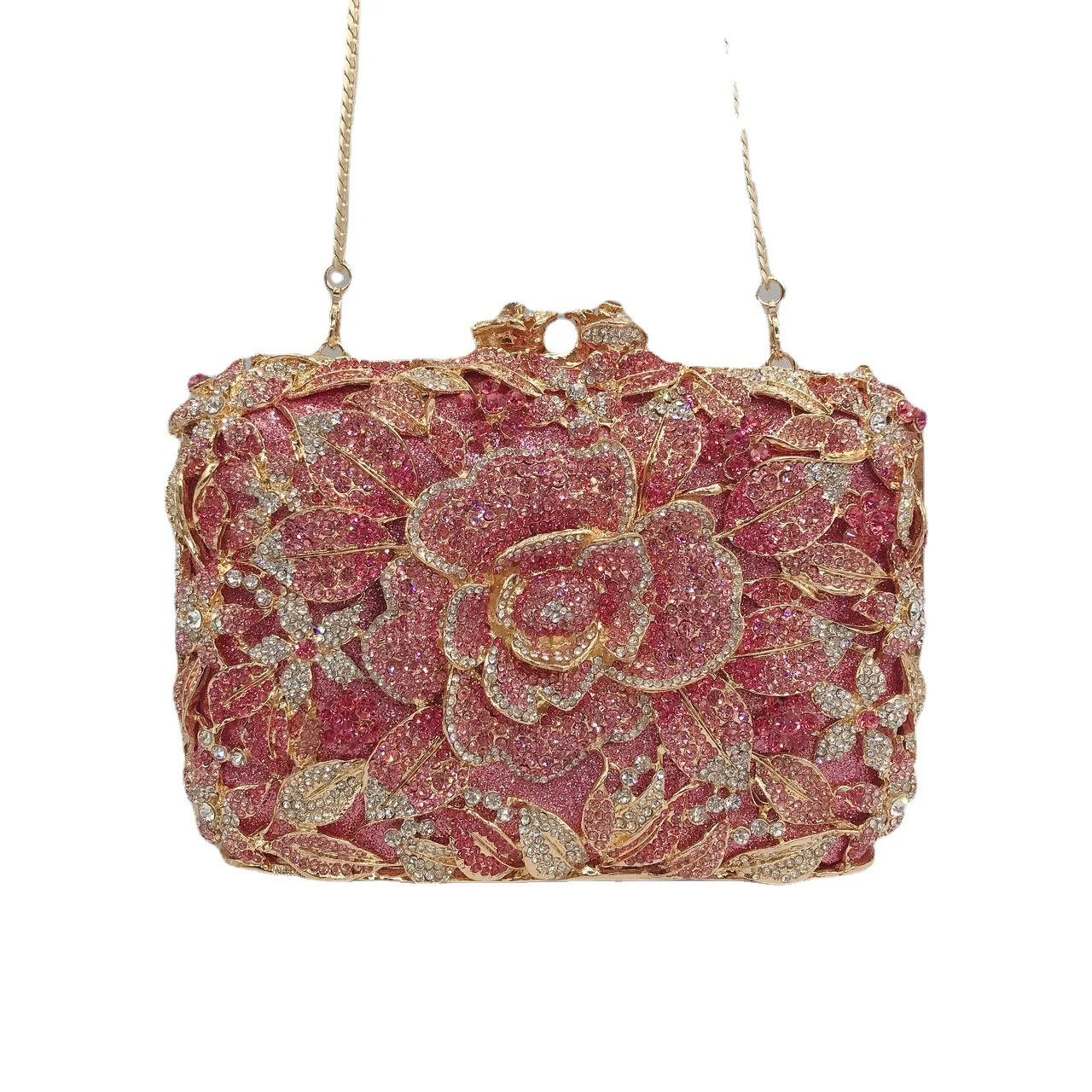 

Rose Gold Rhinestone Flower Clutch Purse Crystal Luxury Designer Women's Dinner Party Handbags Unique Diamond Wedding Evening Ba