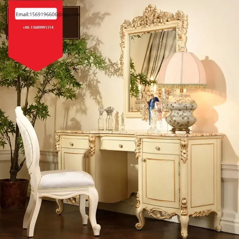 

European dressing table, stool, luxury bedroom, neoclassical solid wood carved cabinet