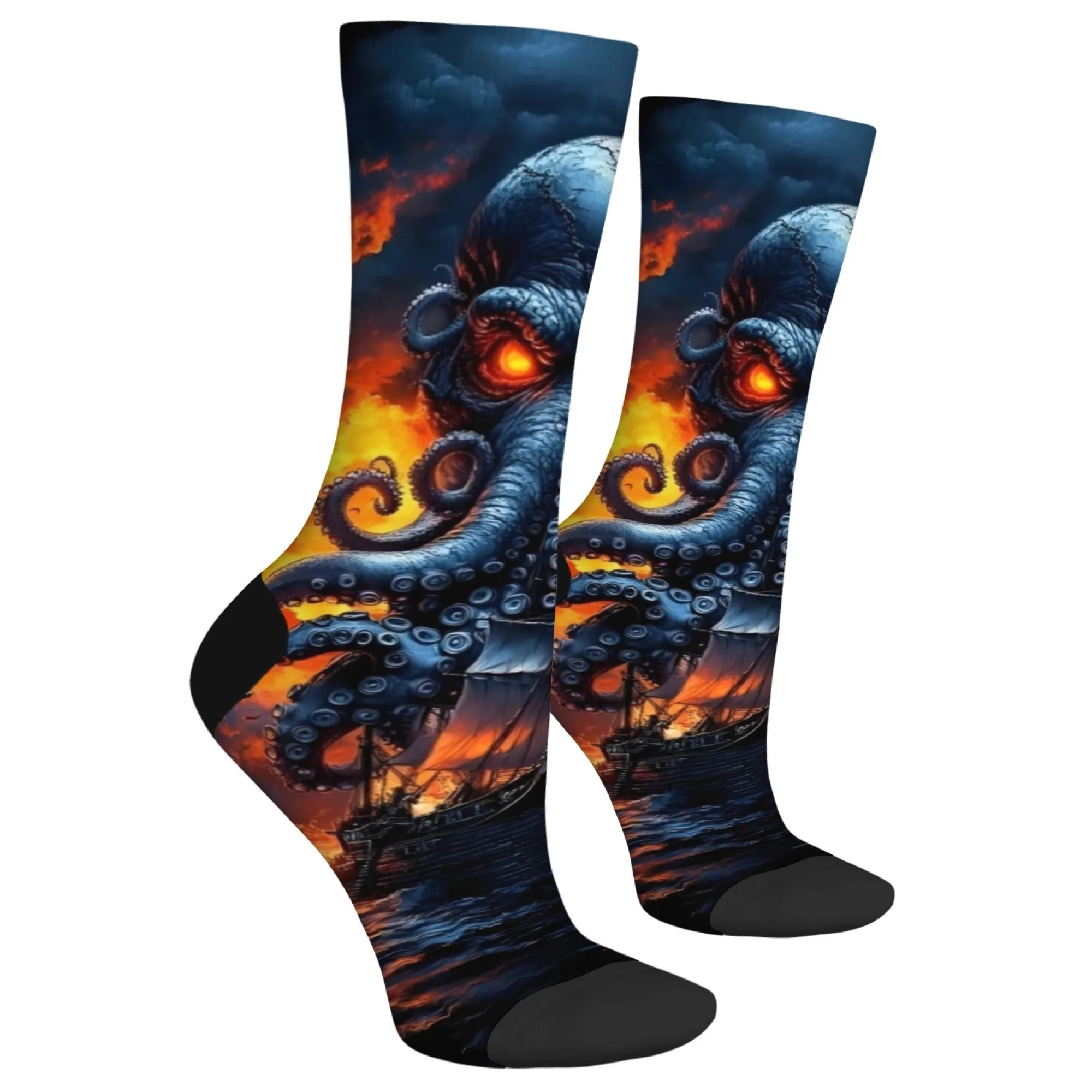 문어 미친 바다 괴물 남성 양말 레트로 스타일 크툴루 신화 테마 참신 재미있는 크루 양말 하라주쿠 스트리트 힙합 행복한 선물
