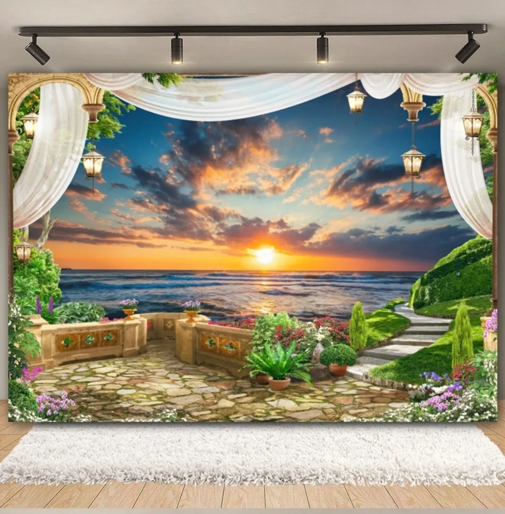 Summer Tropical Sea View Palace Balcony Curtain Banner Background, Ocean Wedding Party, Birthday Decoration Photography Backdrop