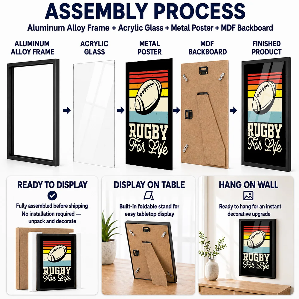 Rugby For Life Vintage Framed Aluminum Metal Poster Customized Photo Warm Heritage Style Wall Art For Study Memorable Fan Gift
