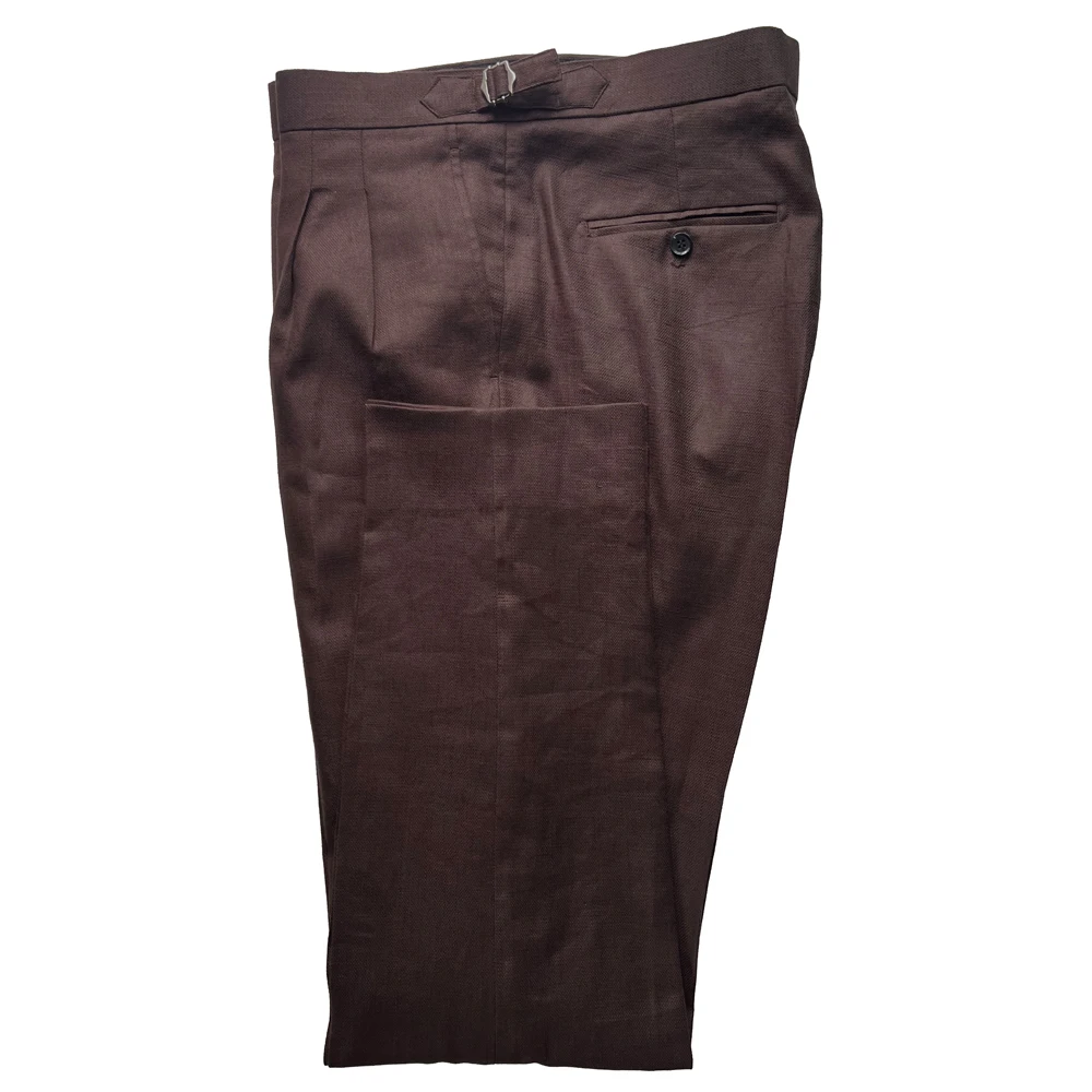 

Custom Made Breathable Dark Brown Linen Cotton Mens Dress Pants Men Slim Designer Summer Pants Men Linen Pants Side Adjuster