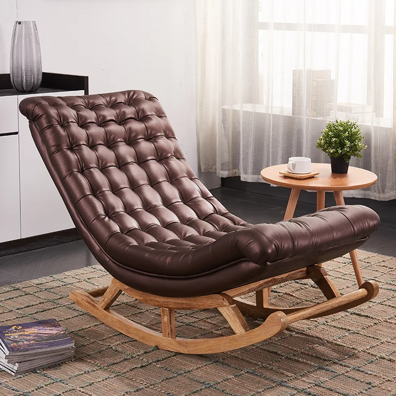 الشمال الحديثة خشب البلوط الصلب كرسي متأرجح مع الجلود الكبار المسنين المنزل قيلولة شرفة غرفة المعيشة الترفيه مبيعات المصنع مباشرة #2