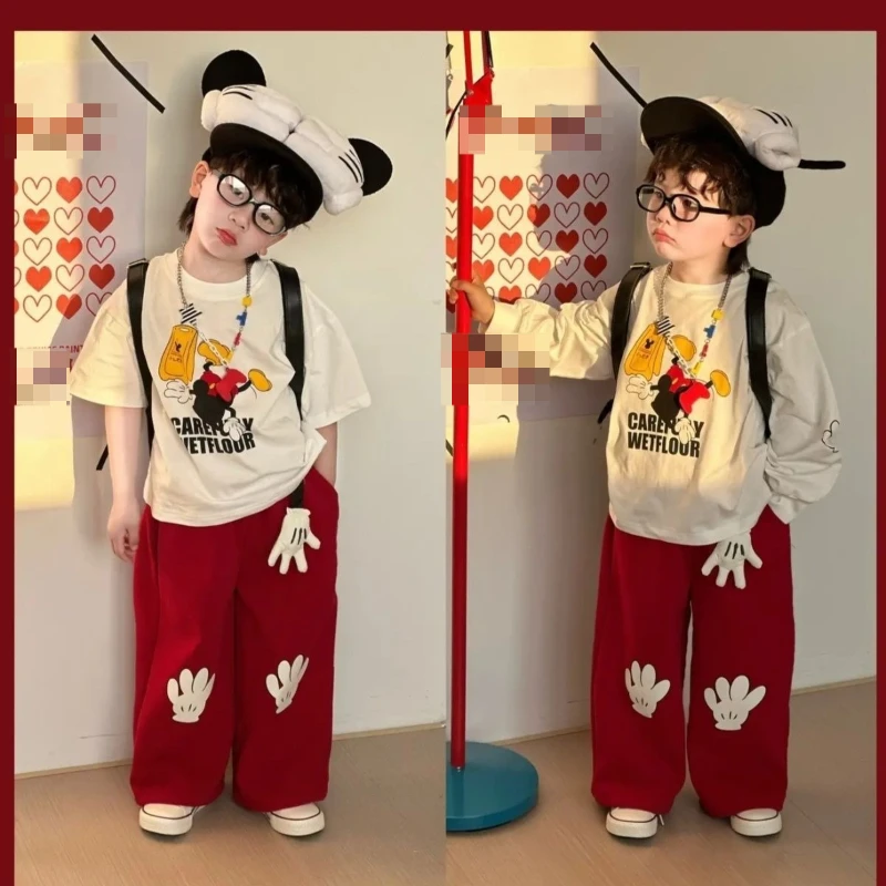 

2026 Mickey Boys 2-Piece Set, White Glove Print Tee & Matching Pants Casual Cool Cartoon Outfit for Toddlers