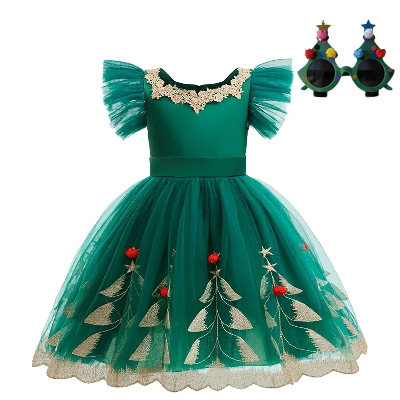 

New Green short-sleeved Christmas dress+Christmas glasses 3-10 years old children Christmas dance evening dress Costume for the