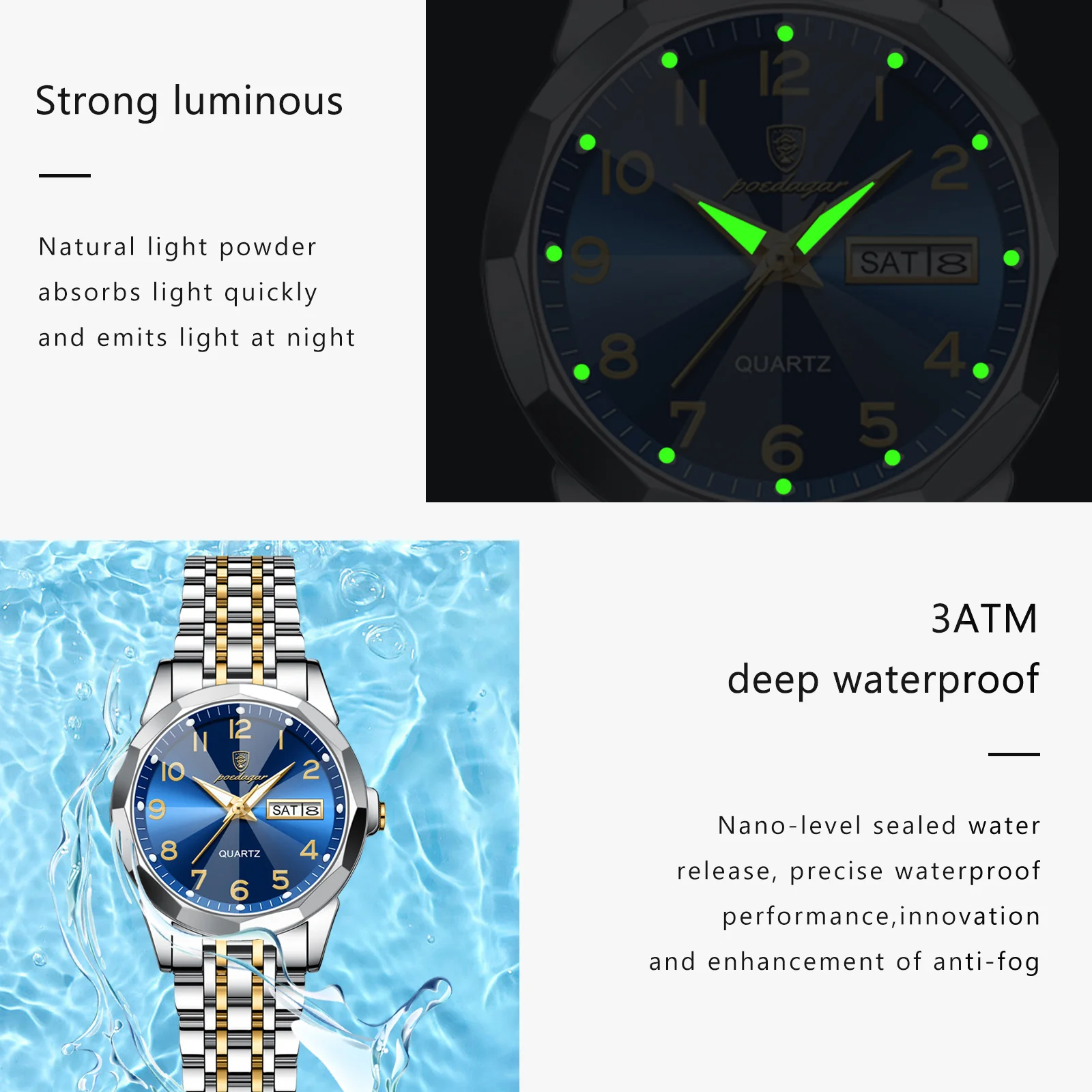 POEDAGAR-Reloj de pulsera de lujo para mujer, cronógrafo de cuarzo resistente al agua, luminoso, con fecha, de acero inoxidable