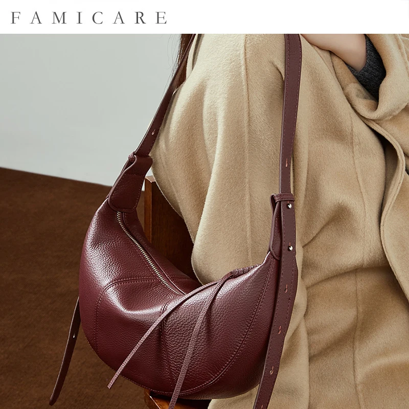 2025 New Top Grain Leather Croissant Dumpling Bag Unique Solid Color Shoulder Crossbody Bag Women Practical Commuting Handbag