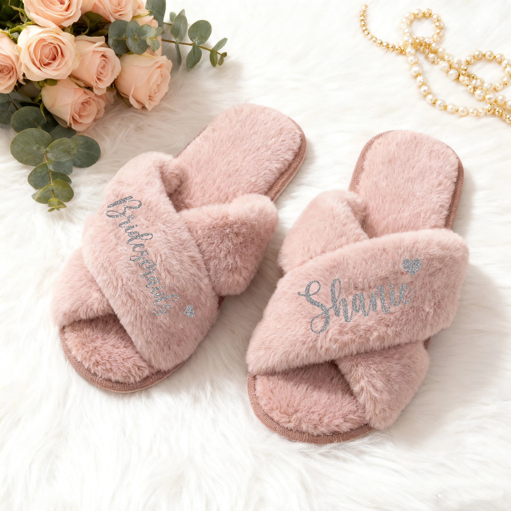 Custom White and Pink Plush Bridal Slippers, Plush Cross Slippers, Bridal Shower, Personalized Wedding Plush Slippers image 4