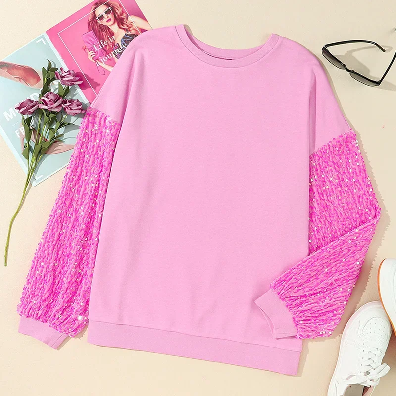 Jersey de retales con lentejuelas para mujer, sudaderas coloridas versátiles y sencillas de manga larga con cuello redondo, Tops informales NASY0002, novedad de 2024