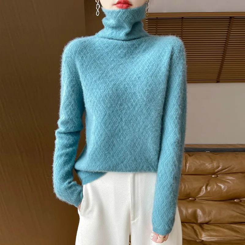 Basic Knitted Pullover Women Casual Turtleneck Long Sleeve Loose 100% Wool Sweater 2024 Autumn Female Commuting Street Jumper