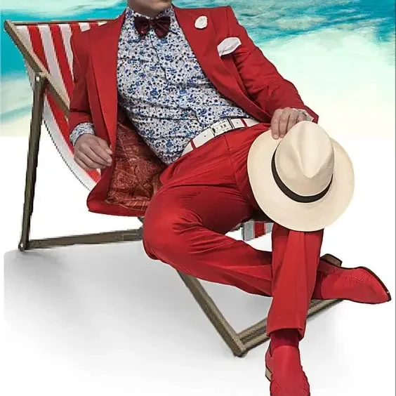 

Red Satin Samrt Casual Men Suit Summer Beach Jacket Custom Slim Fit 2 Piece Groom Tuxedo Fashion Prom Blazer Set Terno Masculino