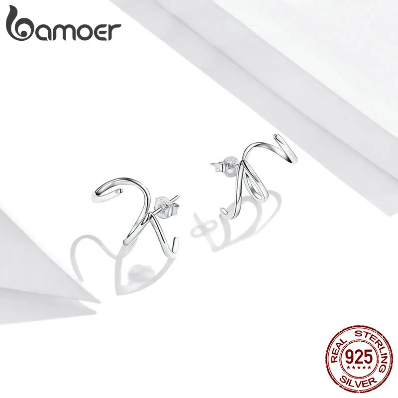 bamoer Silver 925 Simple Line Earrings Stud Earrings for Women Natural Hypoallergenic Hypoallergenic Ear Pins for Girl SCE986