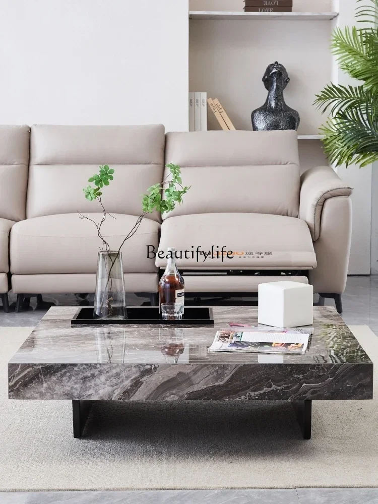 Italian light luxury Venice brown marble rock slab coffee table minimalist stainless steel square table