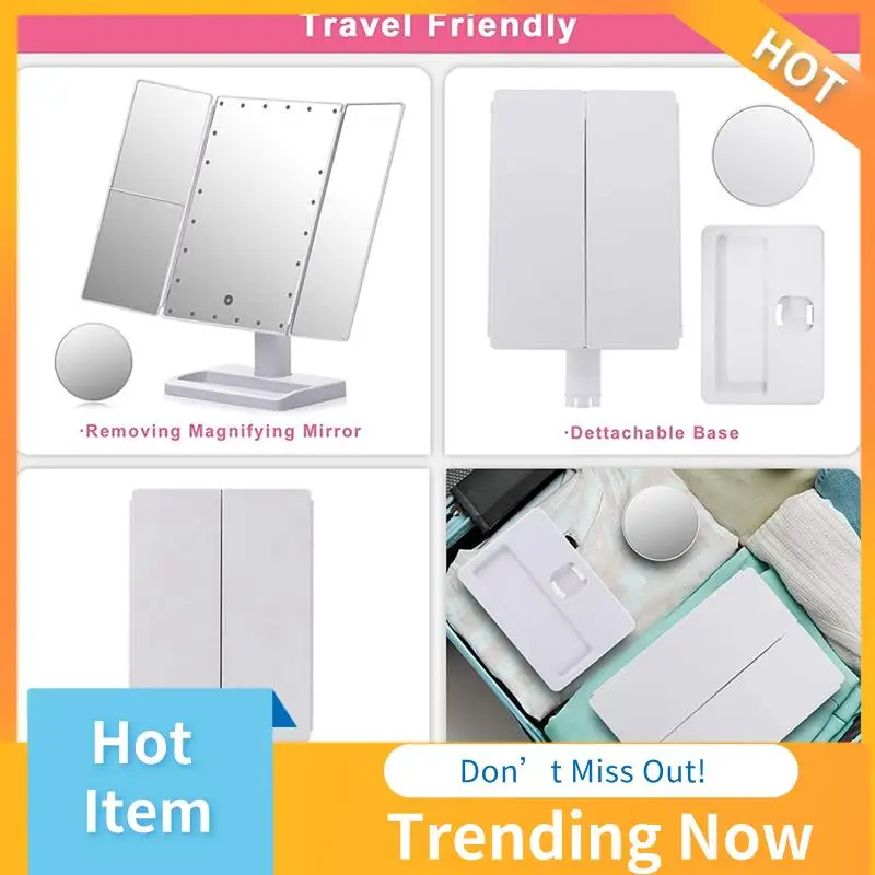 Тройное зеркало для макияжа BBNV с 22 светодиодами, увеличение 10X/3X/2X, портативное складное настольное косметическое зеркало с подсветкой