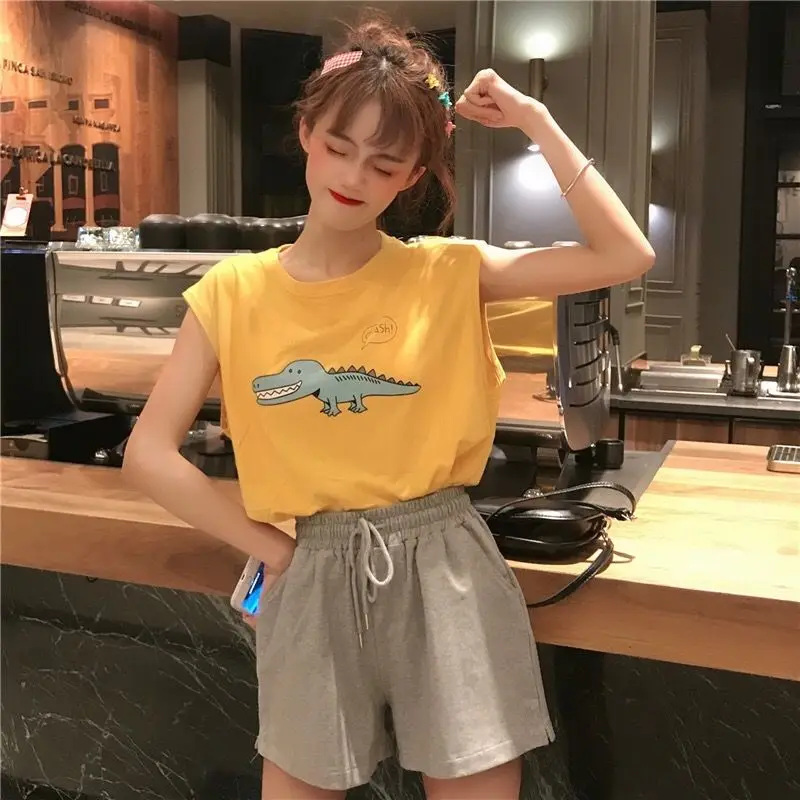 Loose Youth All-match Korean Tanks Summer New Solid Color Sleeveless Printing Casual T Shirt Tops Fashion Sweet Women Clothing