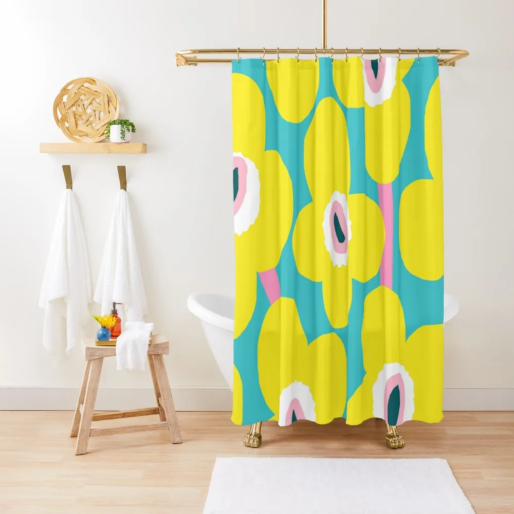 Iconic Retro Scandinavian Neon Flowers Shower Curtain Cute Shower Anime Bathroom Curtain