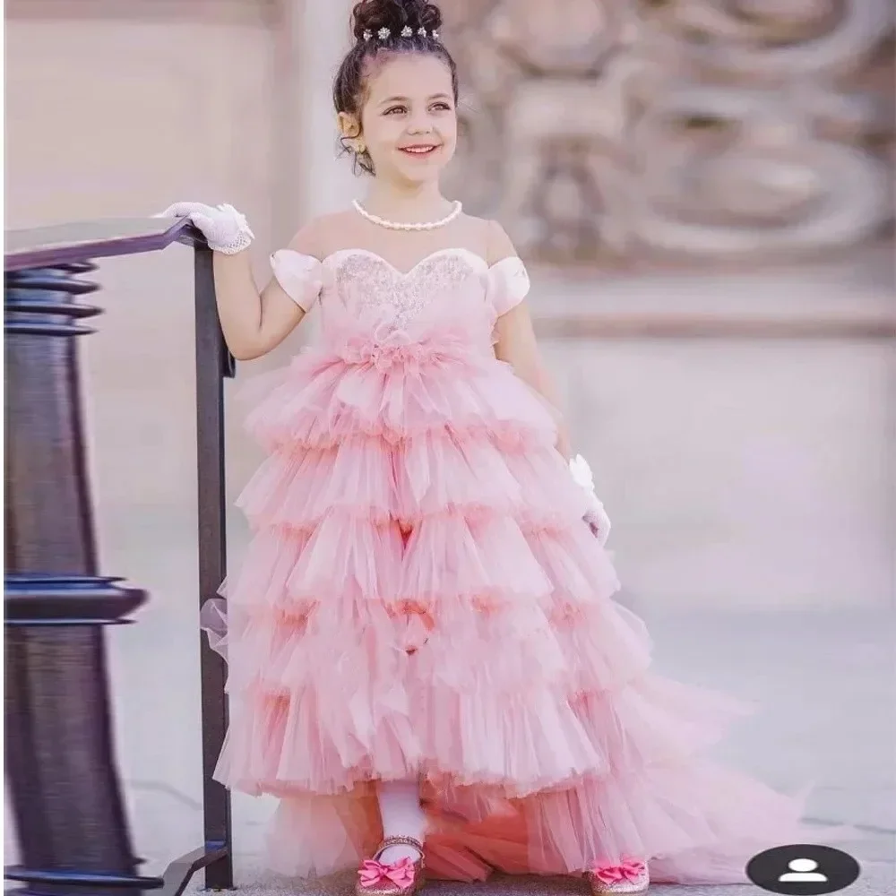 

Layered Tulle Flower Girl Dress O-Neck Crepe Exquisite Baby Girl Princess Wedding Birthday Party First Communion Dress