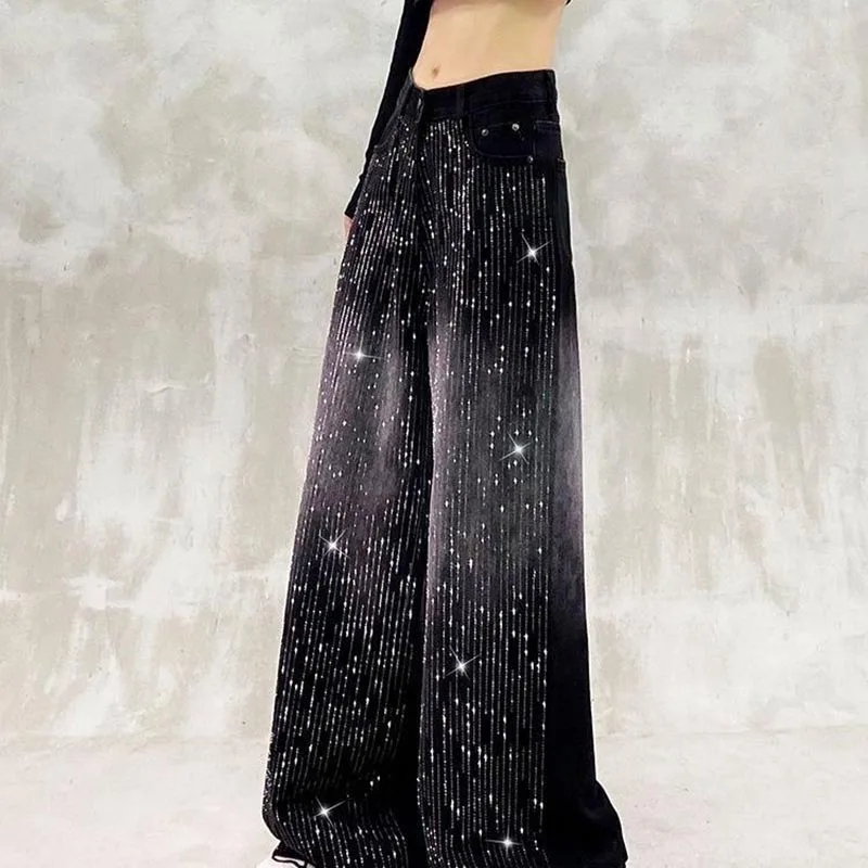 Autumn Winter Female Casual Gradient Denim Pantalons Women Wide-leg Cowboy Trousers American Ladies High Waist Starry Sky Jeans