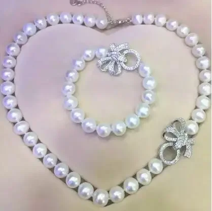 

Jewelry 9-10mm natural south sea white pearl necklace bracelet micro inlay zircon crystal