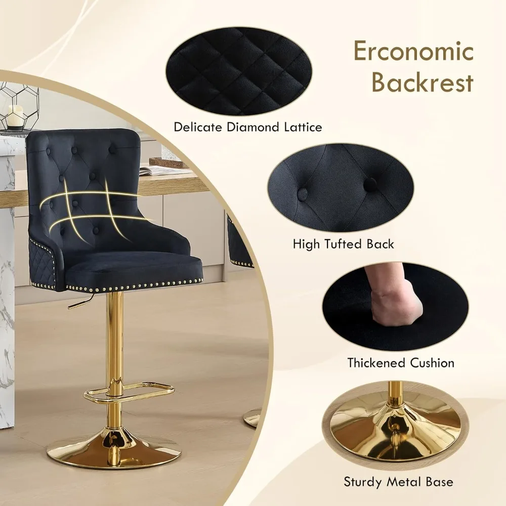 Zestaw 2 złotych stołków barowych, obrotowe stołki barowe z aksamitu z uchwytem w kształcie lwa, tapicerowane stołki barowe o wysokości blatu z wysokim, pikowanym oparciem.