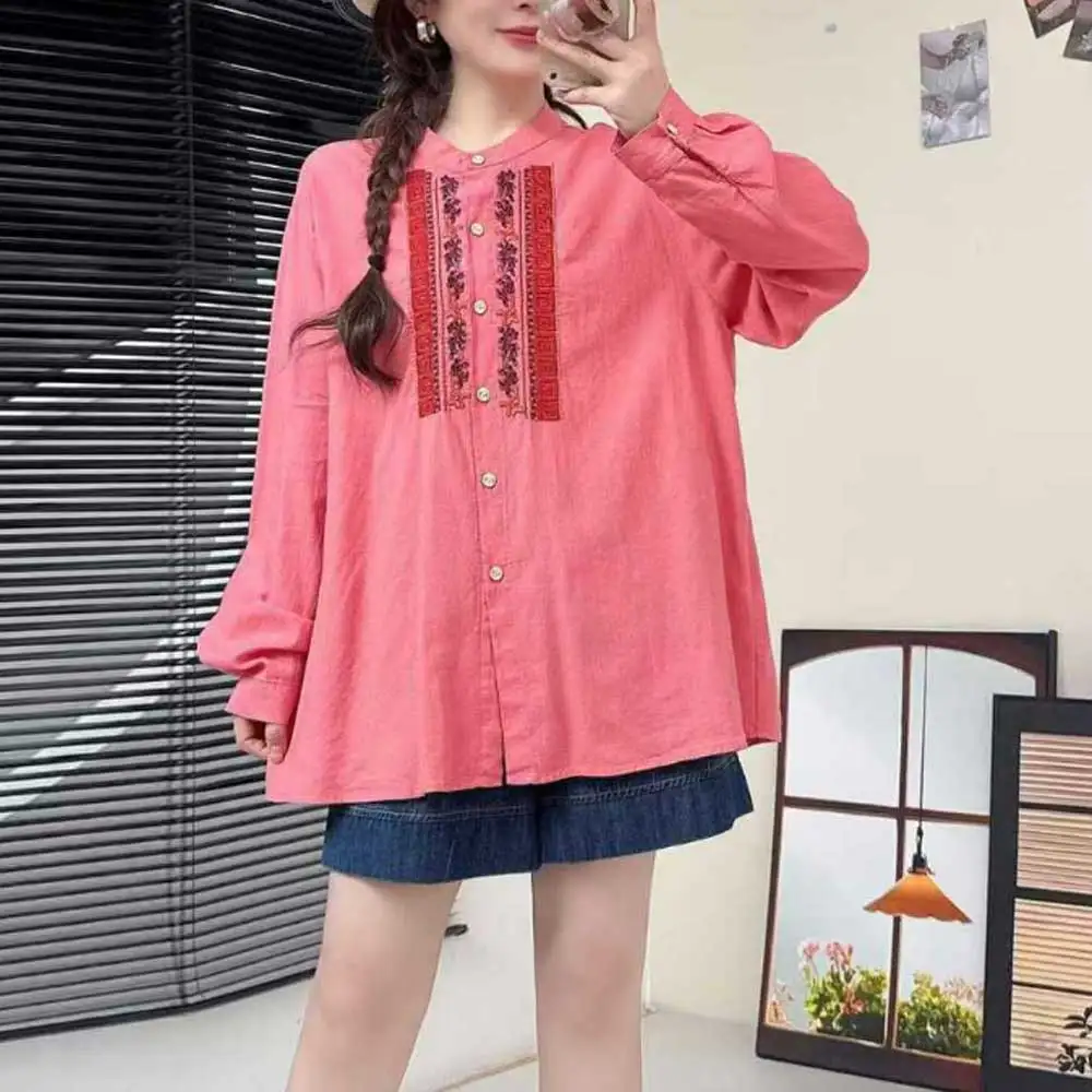 

Japanese Mori Girl Vintage Ethnic Embroidery Cotton Shirts Women Spring Autumn New Stand Collar Long Sleeve Casual Loose Blosue