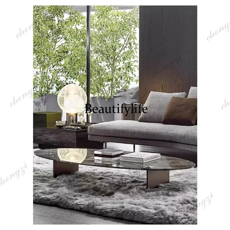 a68Imported Venetian brown living room oval coffee table Italian natural marble designer combination