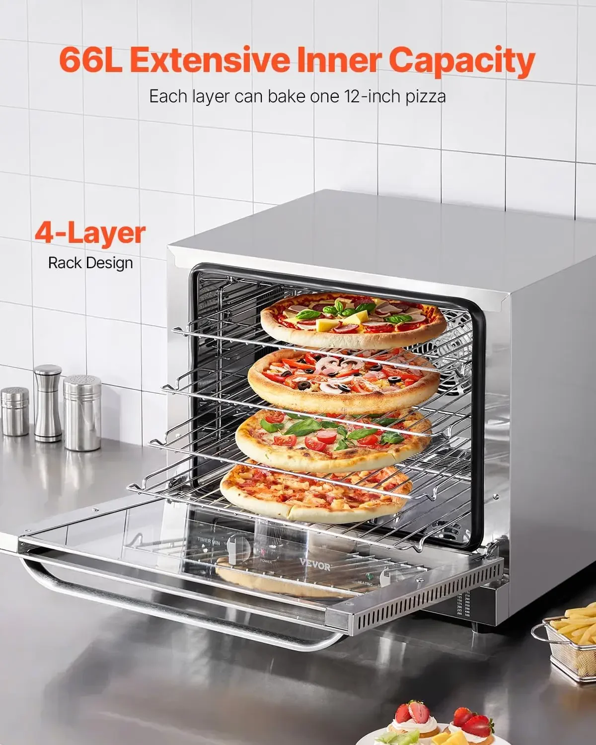 Commercial Countertop Oven 66L 4 Tier Toaster Ovens with Tempered Glass Door Wire Racks Tray 2800W Stainless Steel Baking