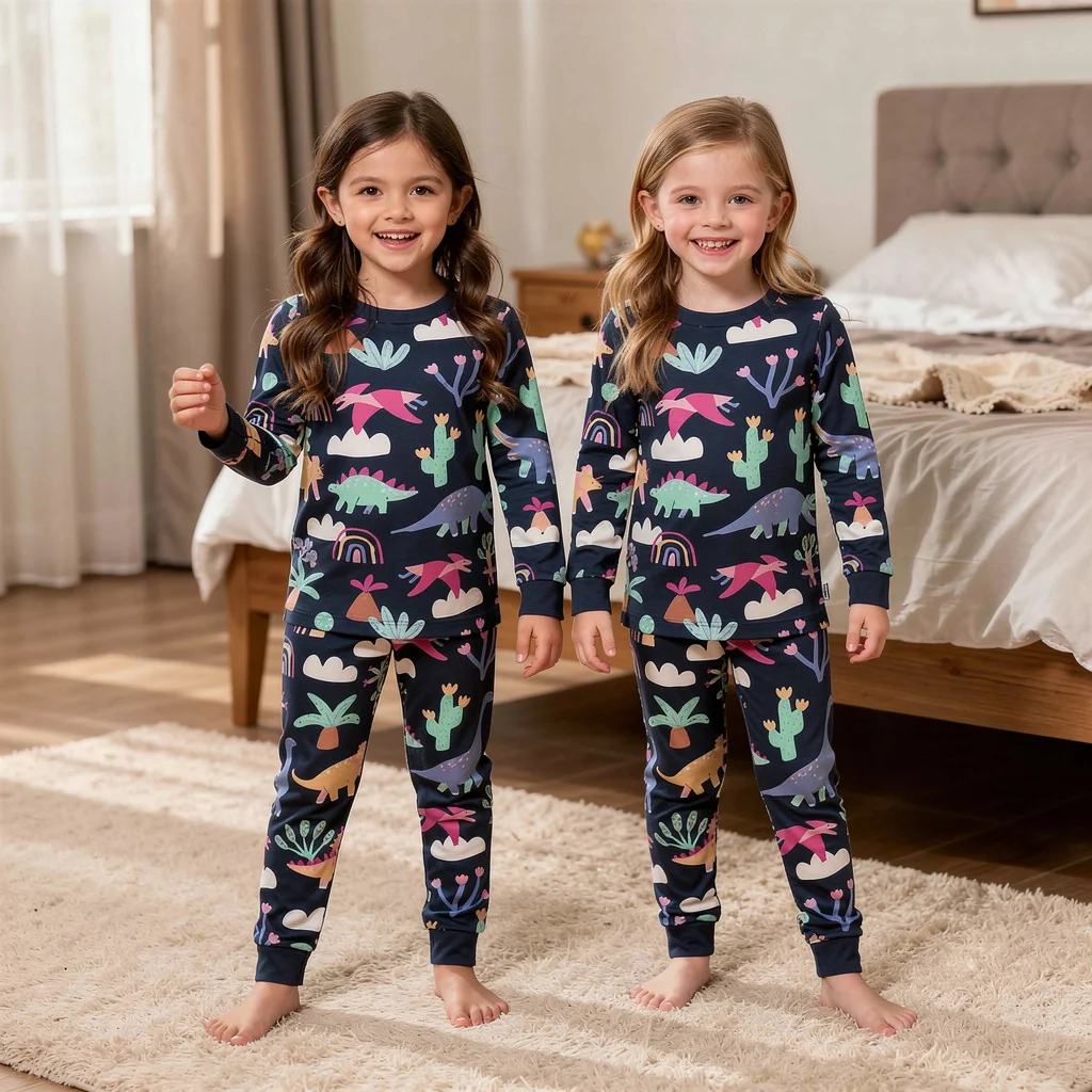Little Hand Girls Cartoon Dinosaur Print Pajamas Set Kids Soft Long Sleeve Sleepwear Toddler Home Loungewear NightOutfit for2-7T