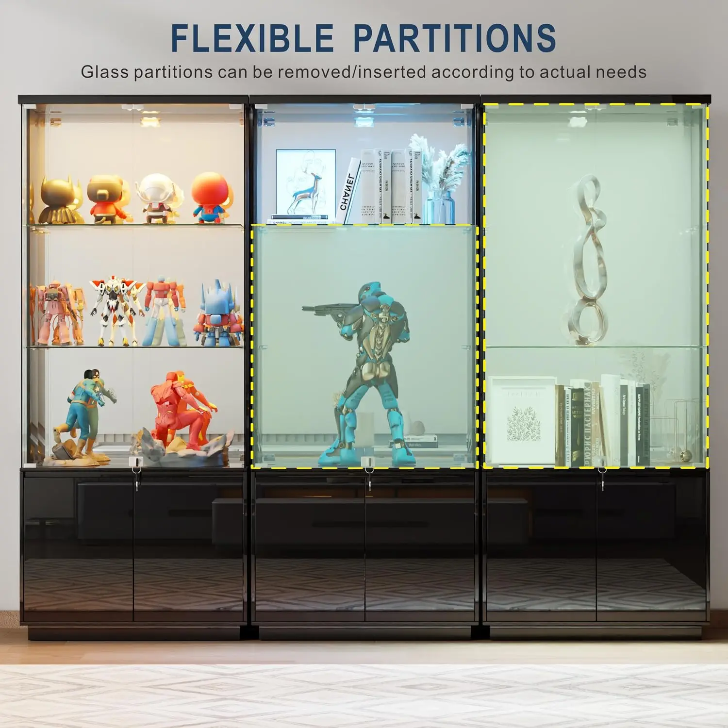 71'' Display Cabinet with Glass Doors & 3 Color Lights, Lockable Curio Cabinet for Bedroom view 5