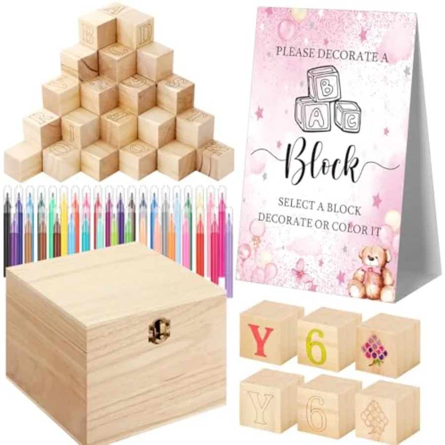 

136 Pcs Baby Shower Blocks to Decorate Game Kit Includes 98 Wooden Blocks, 36 Markers, 1 Game Sign, 1 Storage Box for Baby Showe
