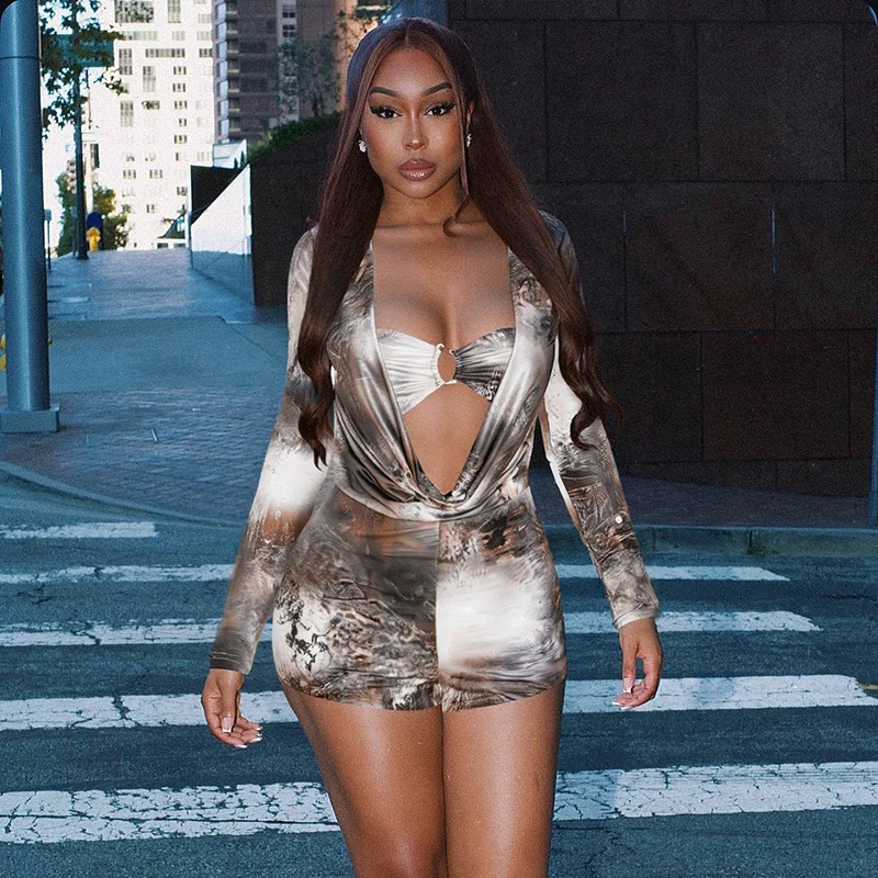 

Women Sexy Print Fake 2 Piece Playsuits Metal Buckle Strapless Swinging Collar Long Sleeve Slim Casual Rompers Party Clubwear