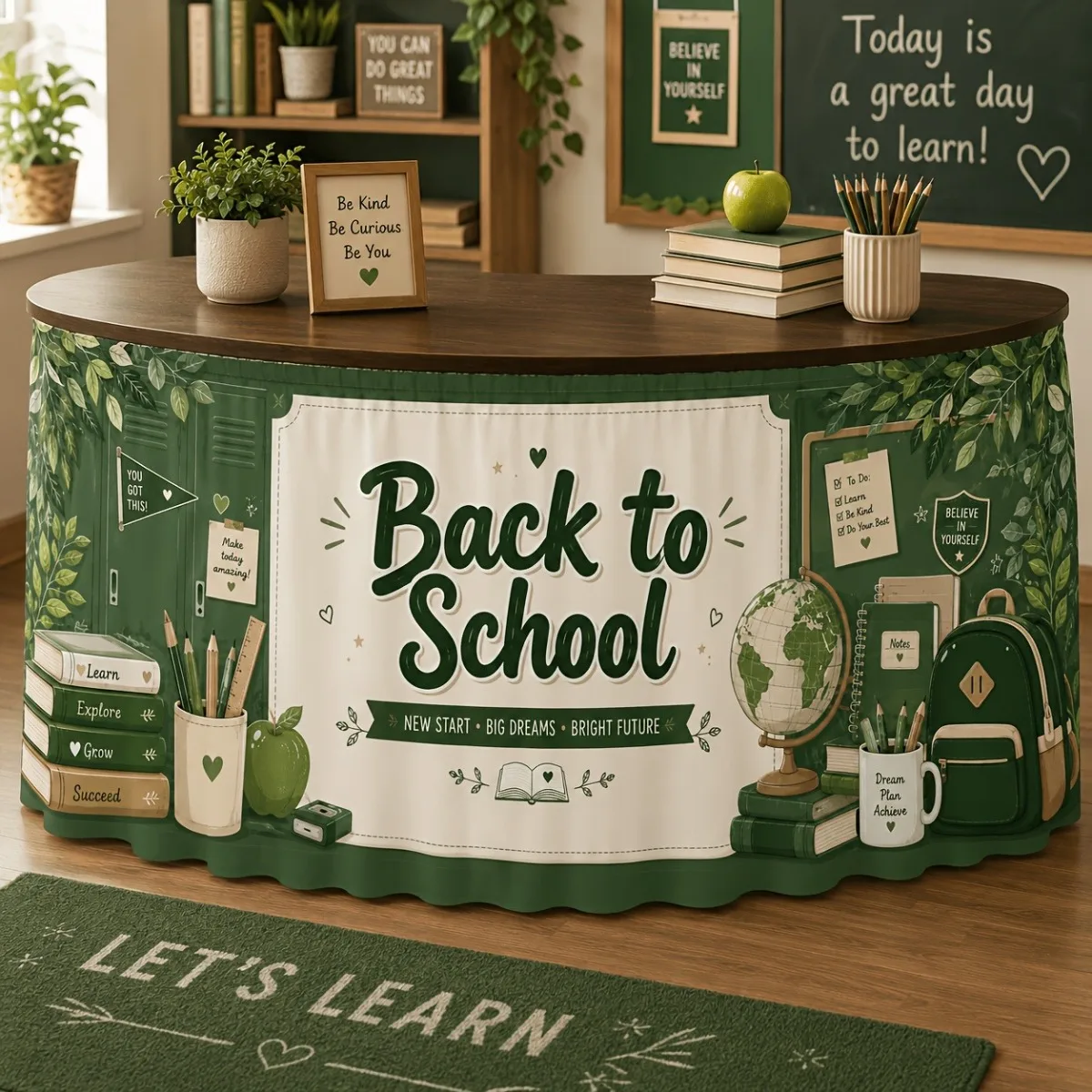 Party table skirt, 1pc, green retro school theme, with book, globe, schoolbag, apple and green leaf patternsxzj