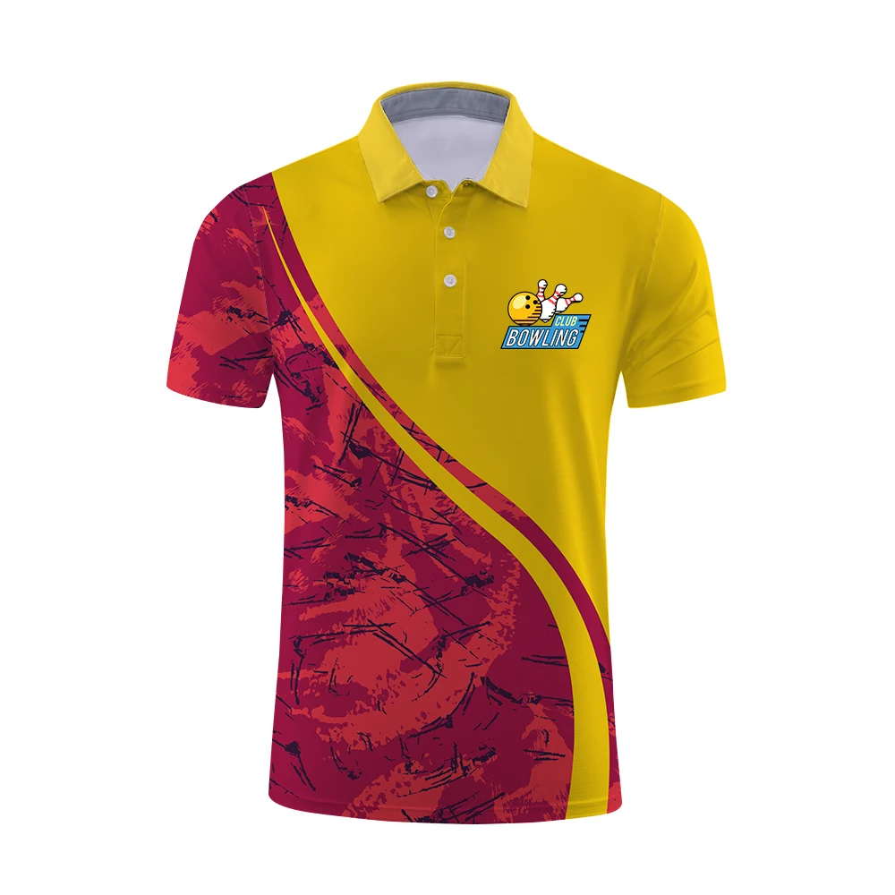 

Yellow Red Sublimation Custom Your Design Polyester Breathable Bowling Tshirt Polo Unisex Shirt