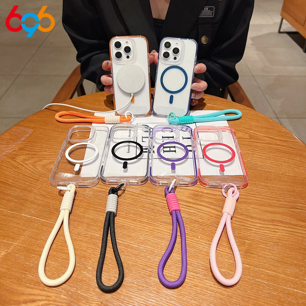 Magnetic Wrist Strap Transparent Candy Frame Phone Case For iPhone 15 11 12 13 14 16 Pro Max Plus Shockproof Fall Prevention