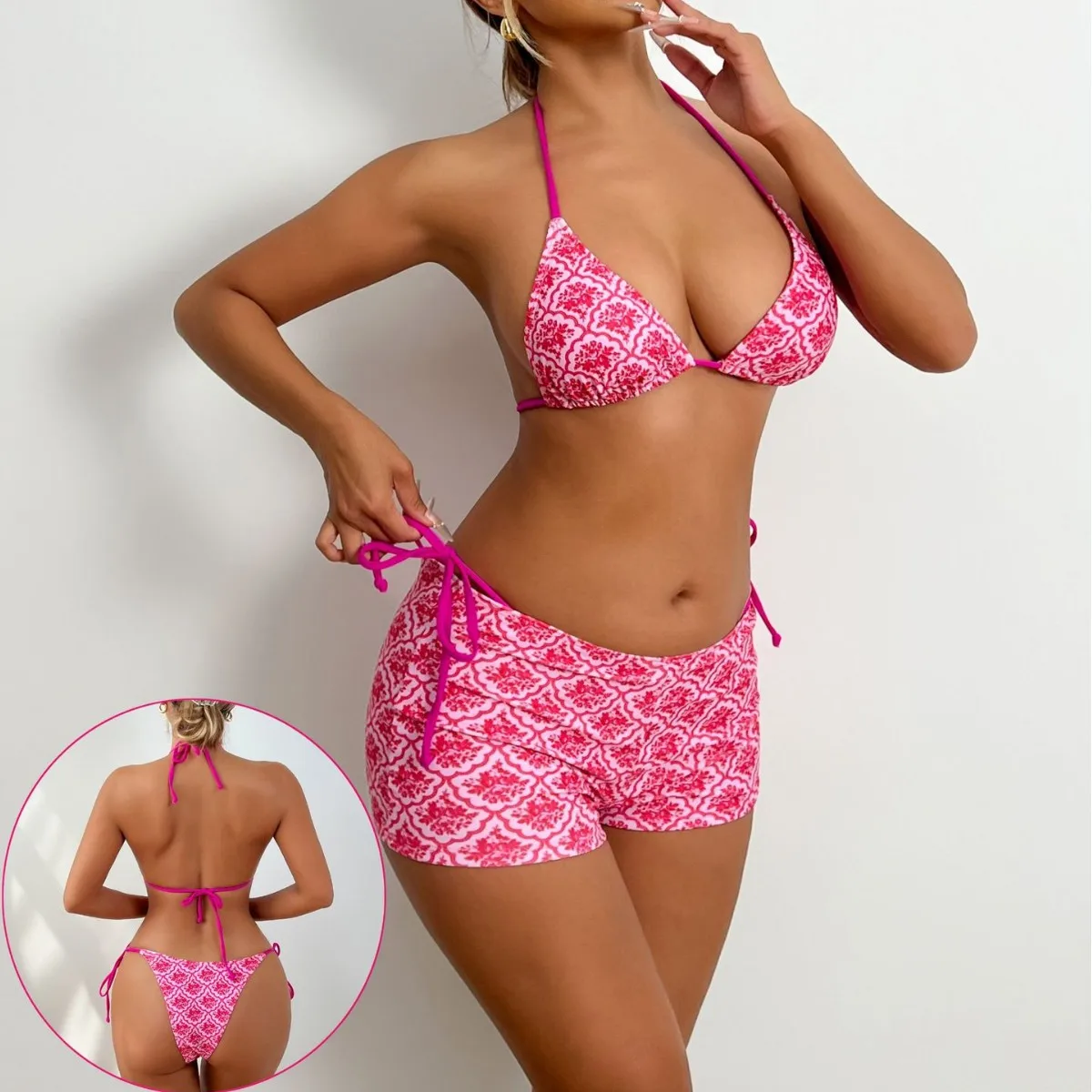 

European and American Fashion New Flower Print Sexy Suspenders Plus Boxer Boxers Three-piece Bikini Swimsuit TK393