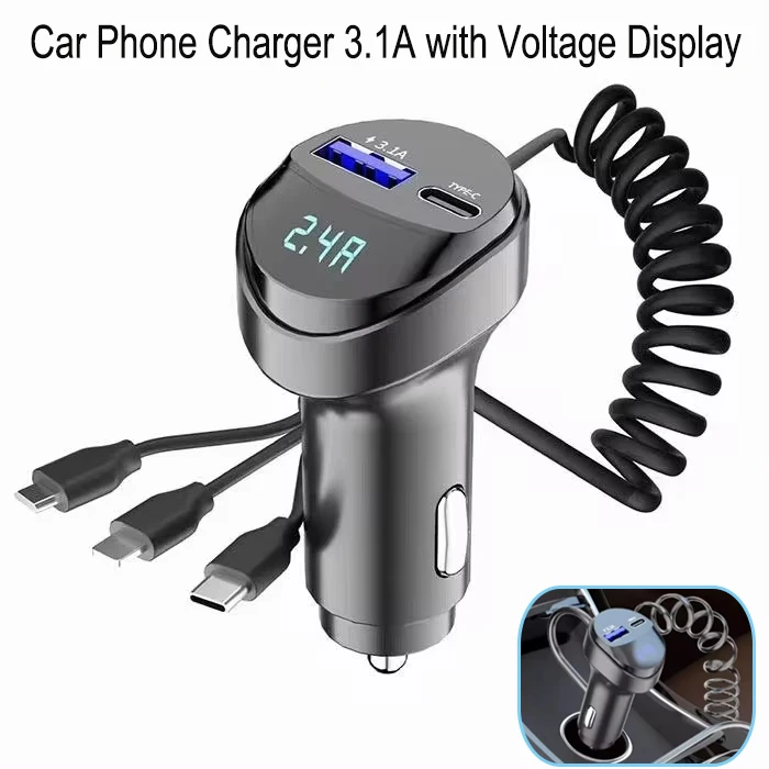 55W 2 Ports USB Fast Car Phone Charger 3.1A with Voltage Display Retractable Charging Cable 3 in 1 for Samsung Xiaomi iPhone