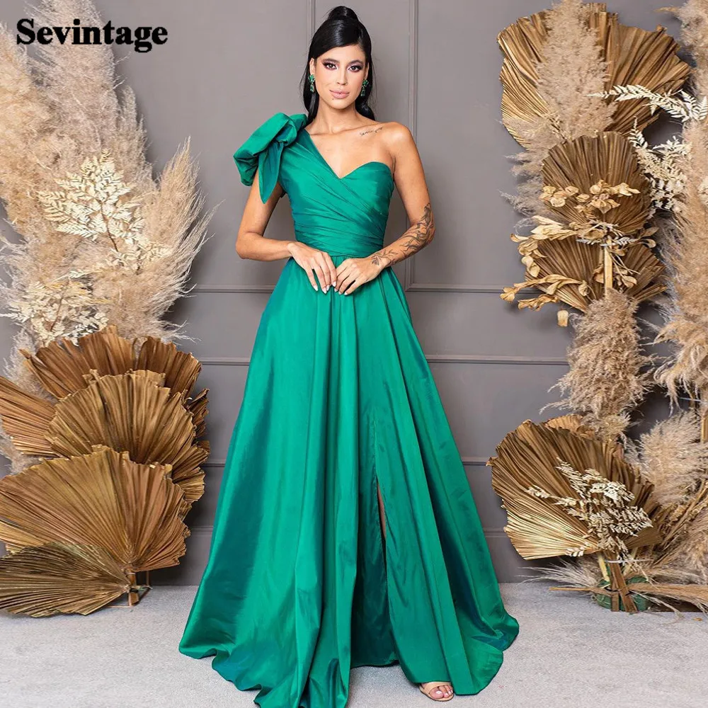 

Sevintage Green Taffeta Long Prom Dresses Formal One Shoulder Pleats Women Evening Dress Split Special Occasion Bridesmaid Gowns