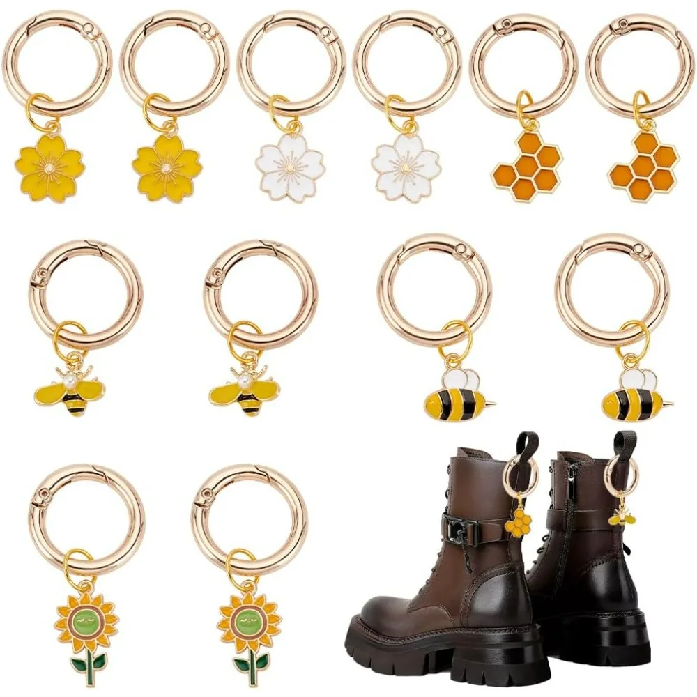 12pcs 6 Styles Enamel Shoe Charms, 1.7~2.1'' Flower Bees Boot Pendants Animal Floral Shoe Charms Gold Shoelace Charms