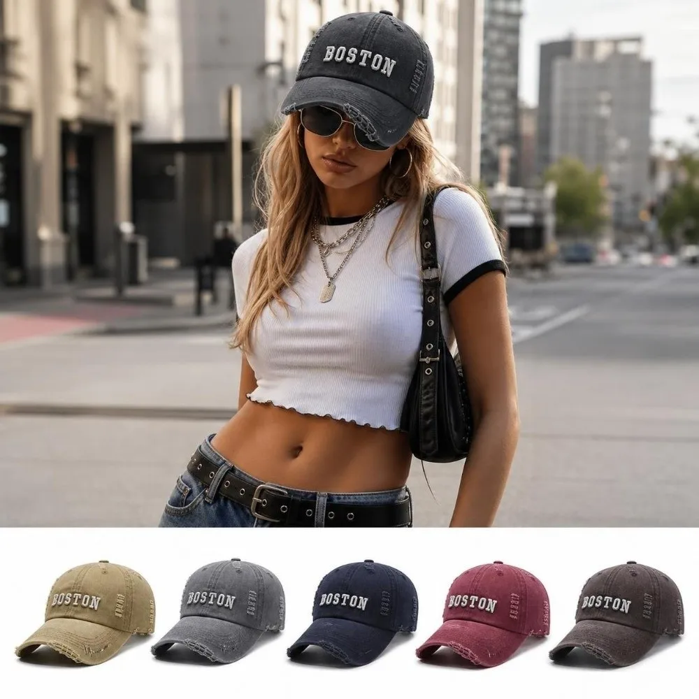 Vintage Washed Cotton Baseball Cap Boston Letter Breathable Trucker Cap Sun Protection Adjustable Embroidered Dad Hat Men Women
