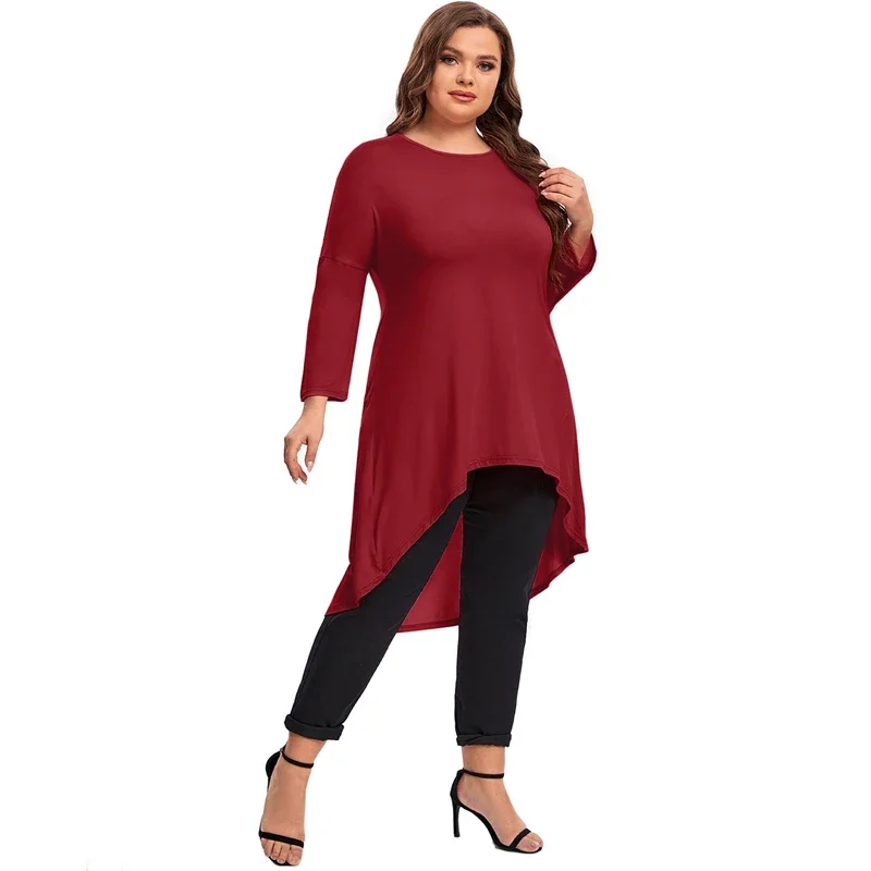 Plus Size Lange Mouw Elegante Lente Herfst Tuniek Tops Vrouwen Lange Hi Low Fit Flare Swing Blouse Grote Maat Losse T-Shirt 6xl 7xl