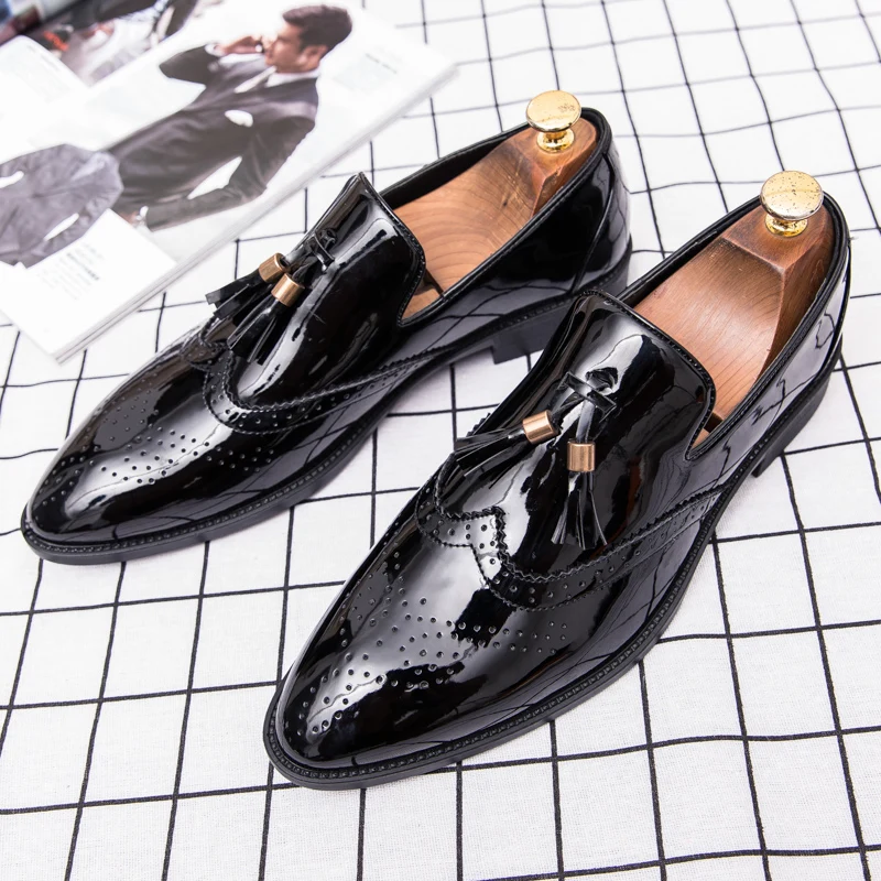 Italian Dress Shoes Patent Leather Lightweight Loafers Suit Wedding Formal Brogue Men's Shoes