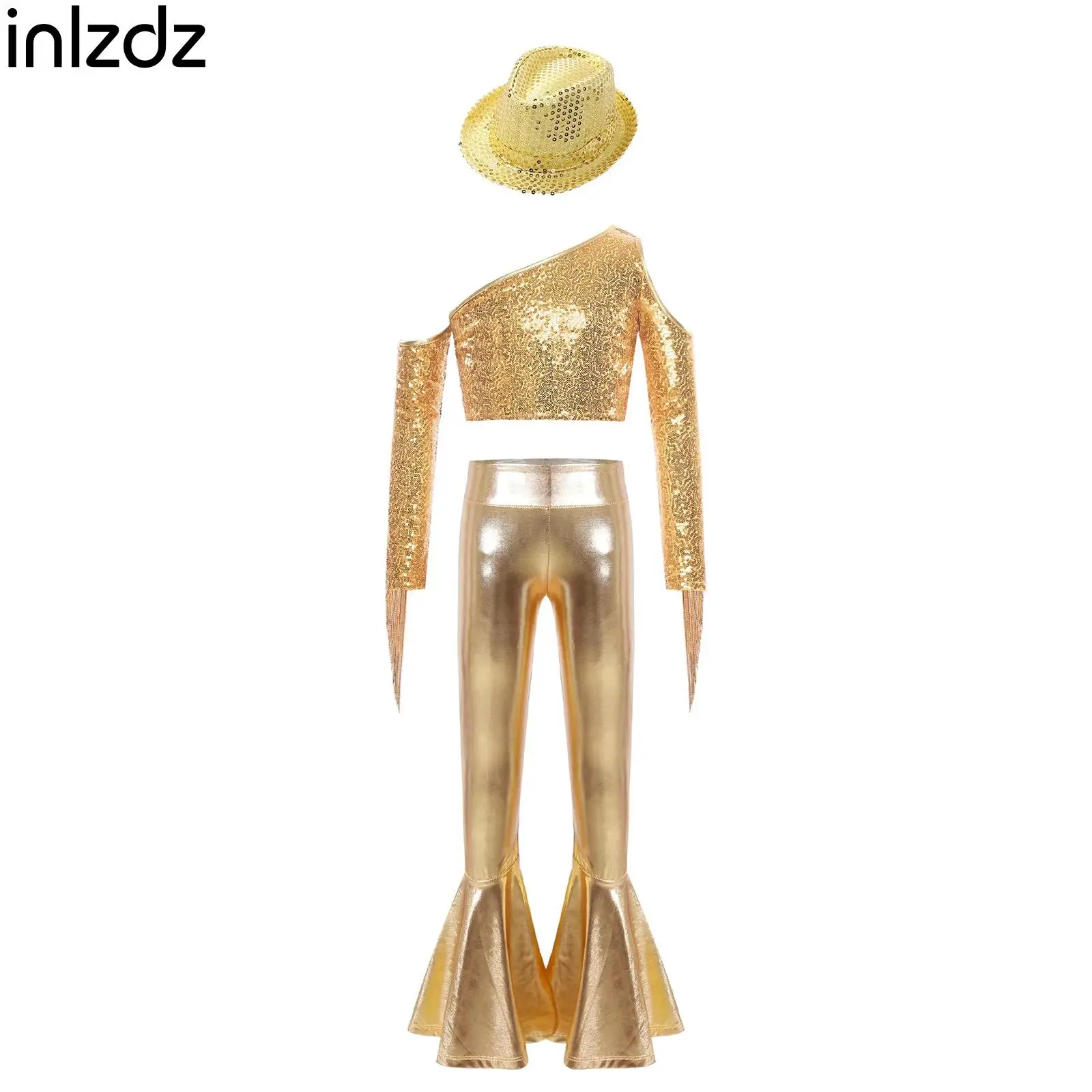 

Teen Sequins Tassels Tango Jazz Latin Dance Performance Competition Outfit Girl One Shoulder Long Sleeve Crop Top+Pants+Hats Set