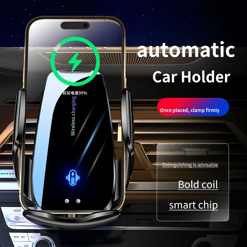 15W Wireless + 3 Mag Tips Car Charger – IR Auto Clamp, Built‑in Battery, 360° Rot, Low Temp, Vent Mount for iPhone & Android