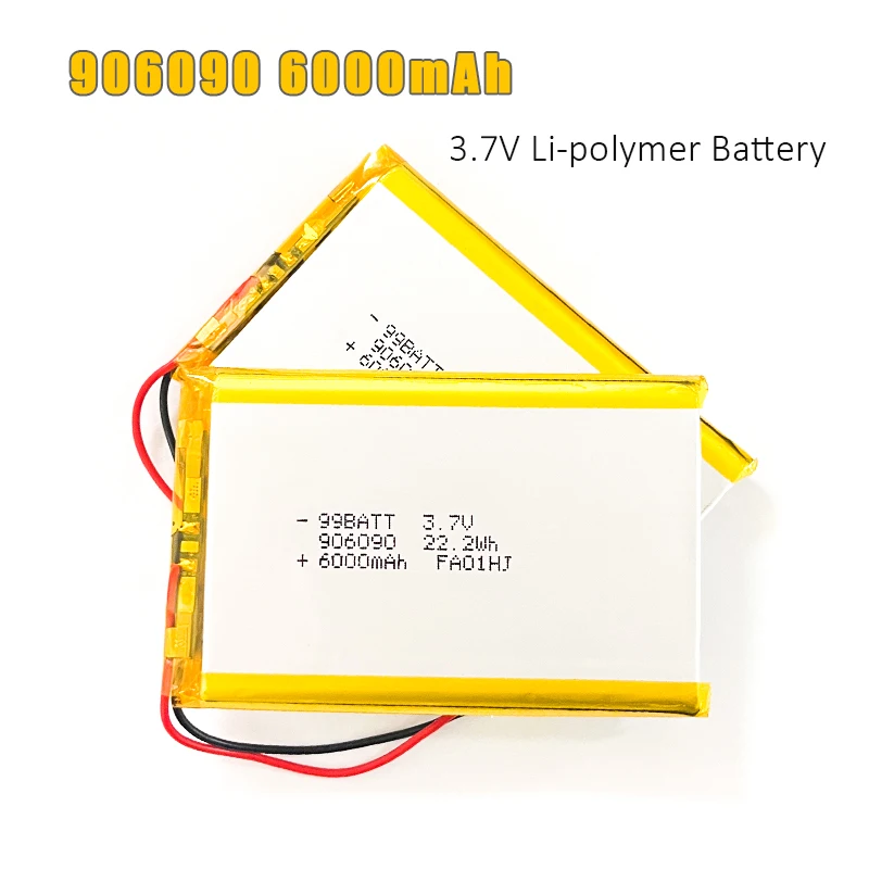 906090 6000mah 3.7V Li Ion Cell Lithium Polymer Rechargeable Battery JST-PH 2.0mm 2Pin for MP3/MP4 Player Bluetooth Headset GPS