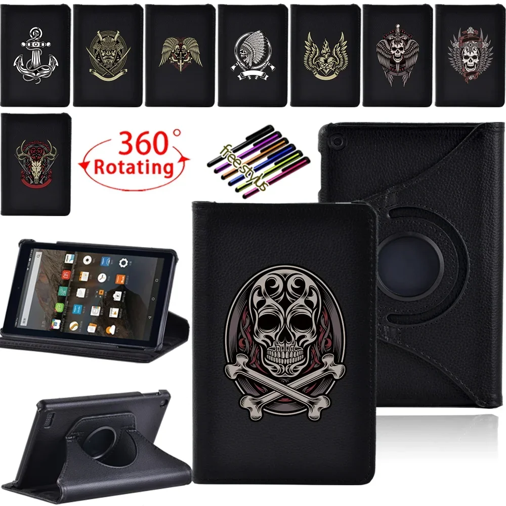 

Tablet Case for Fire 7 5th Gen 2015/9th Gen 2019/7th Gen 2017 360-degree Rotating Stand Case Dust Skull Pattern Back Cover