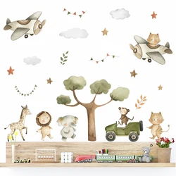 Boho Cartoon Elephant Giraffe Safari Animals Airplane Tree Watercolor Vinyl Wall Sticker Kids Nursery Baby Bedroom Home Decor