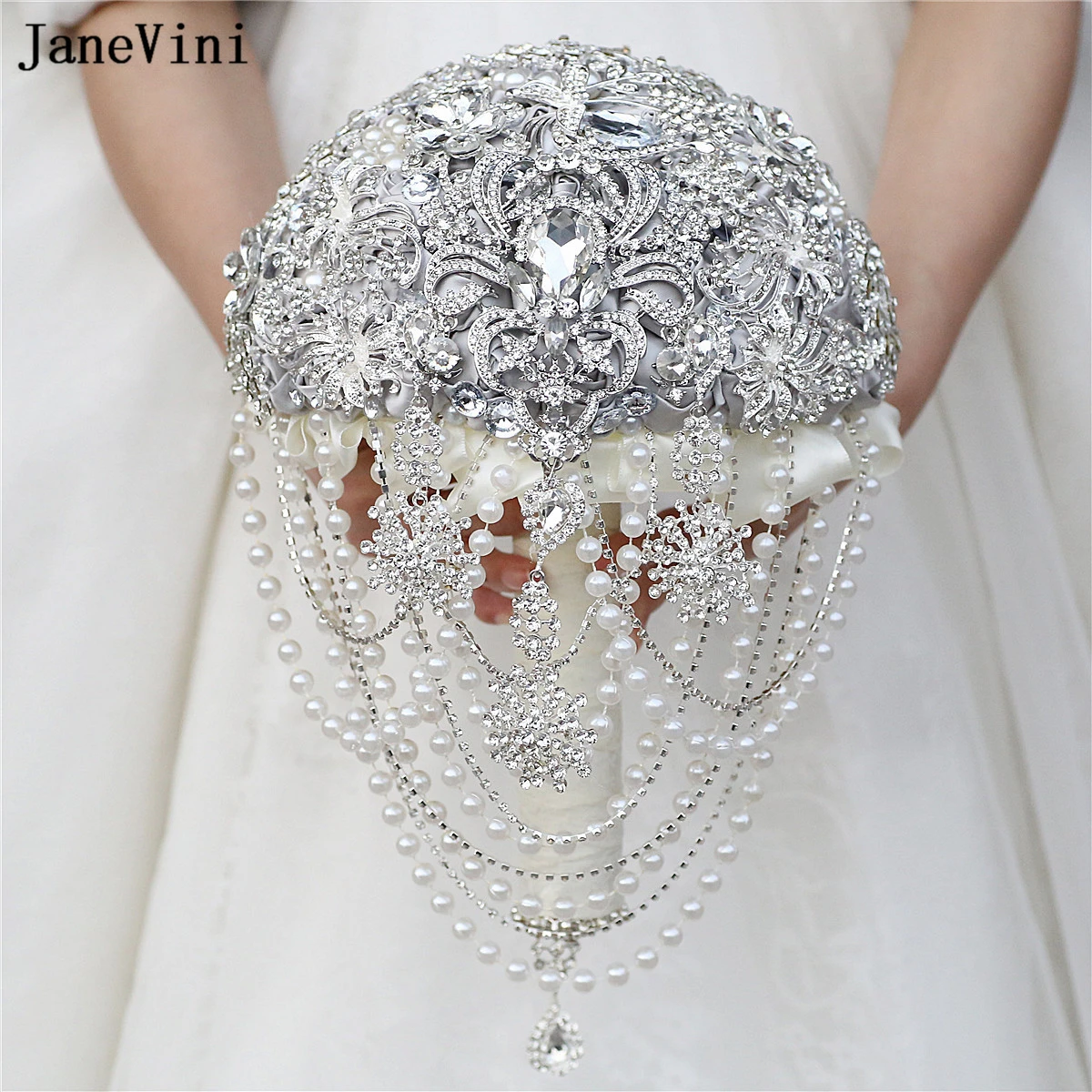 Janevini funkelnde silberne Strass steine Kristall Braut sträuße künstliche Satin Rosen maßge schneiderte Hochzeits strauß Blume für Braut